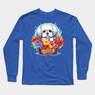 Blooming Companion: Maltese in a Basket of Flowers Long Sleeve T-Shirt